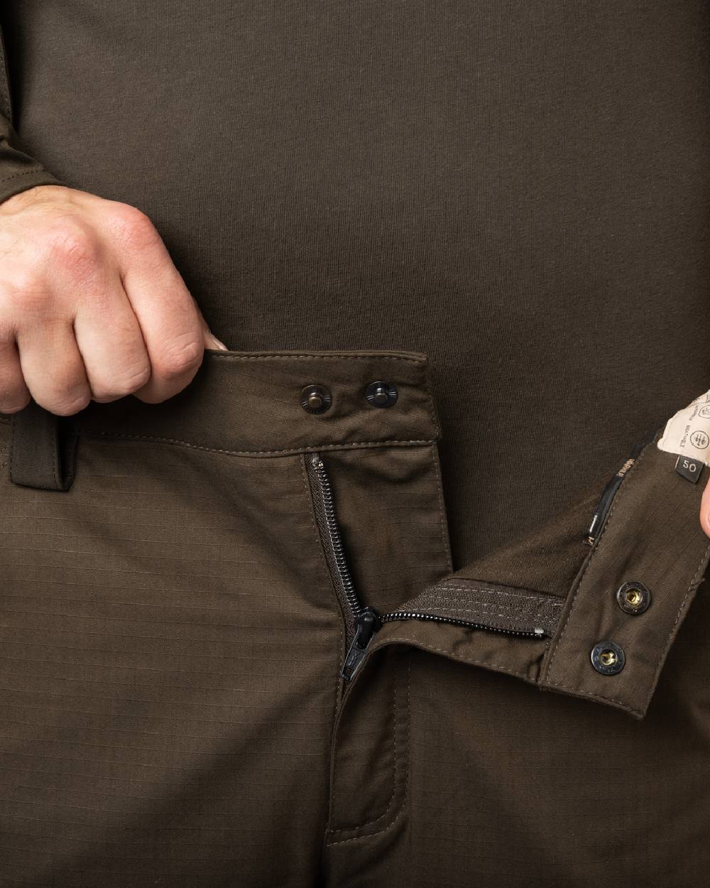 Willow Green Shadow Brown Coloured Harkila Nordic Hunter HWS Trousers on white background 