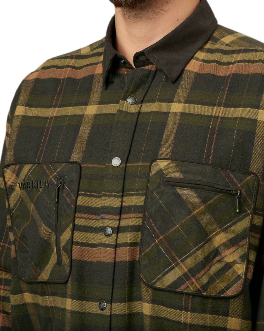 Green Brown Coloured Harkila Pajala Check Shirt on white background 