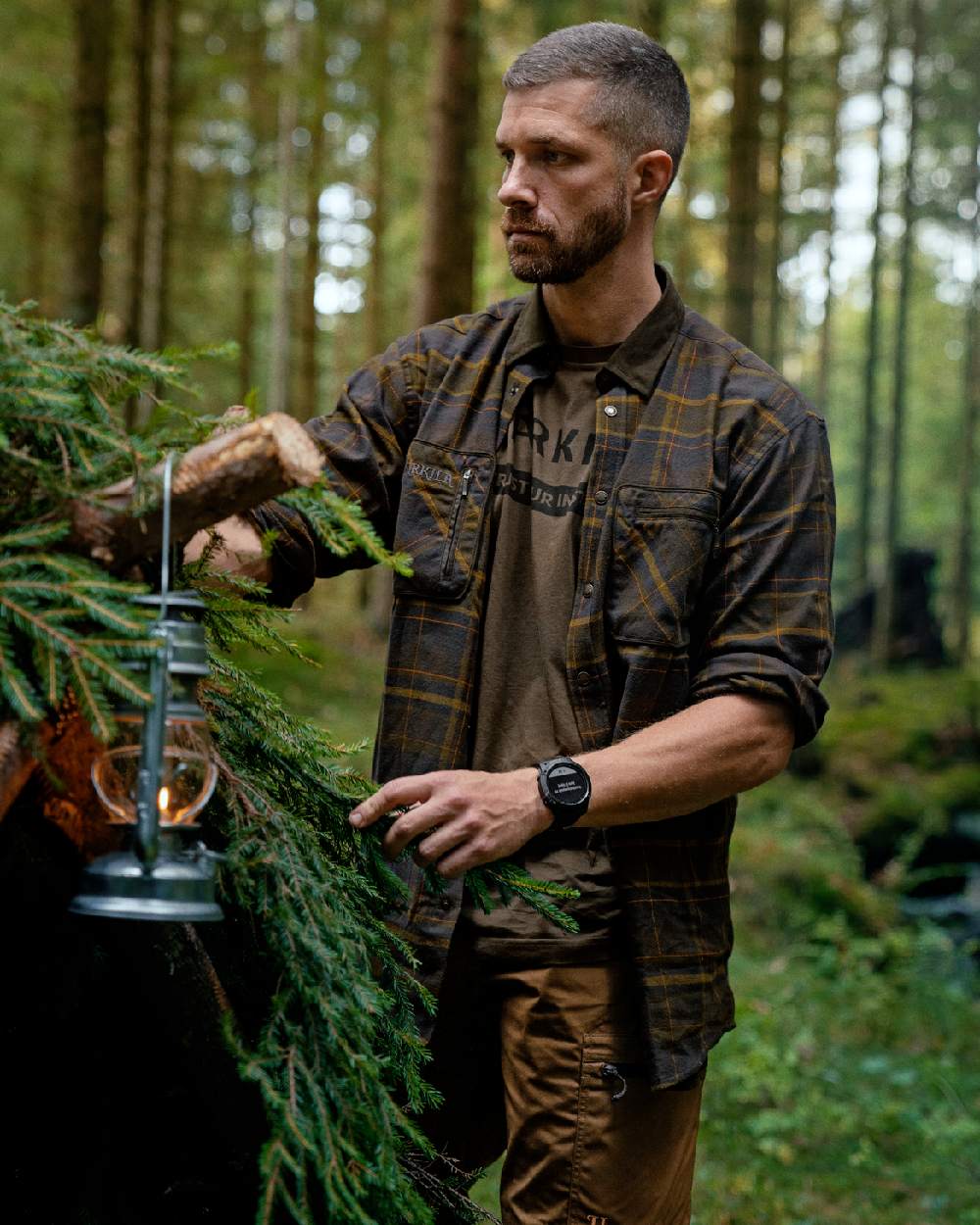 Mellow Brown Check Coloured Harkila Pajala Check Shirt on outdoor background 
