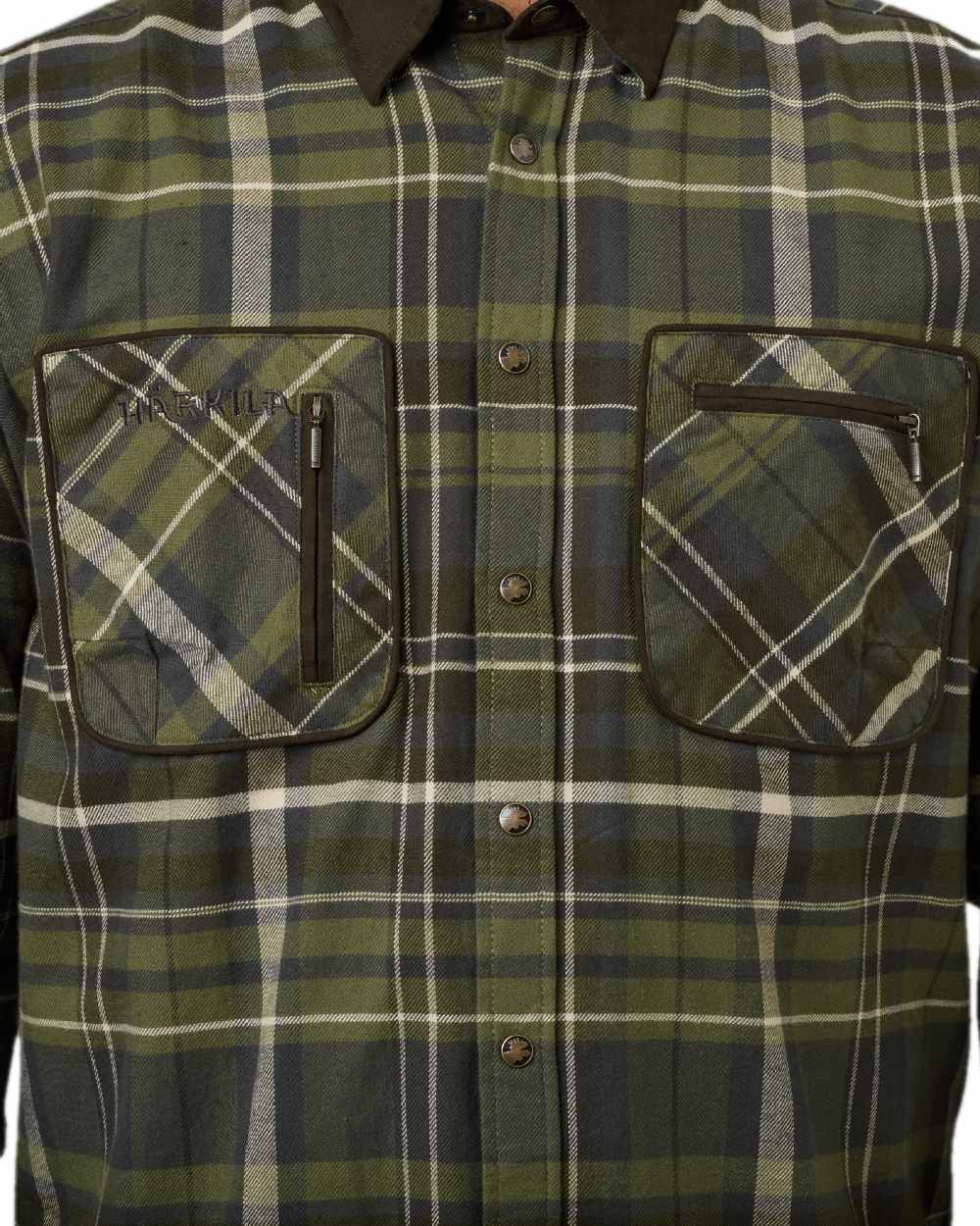 Olive Check Coloured Harkila Pajala Check Shirt on white background 