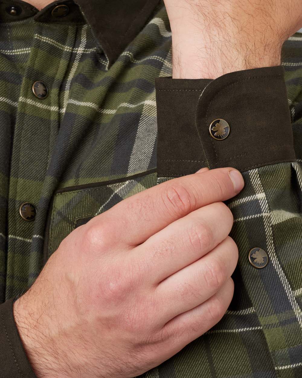Olive Check Coloured Harkila Pajala Check Shirt on white background 