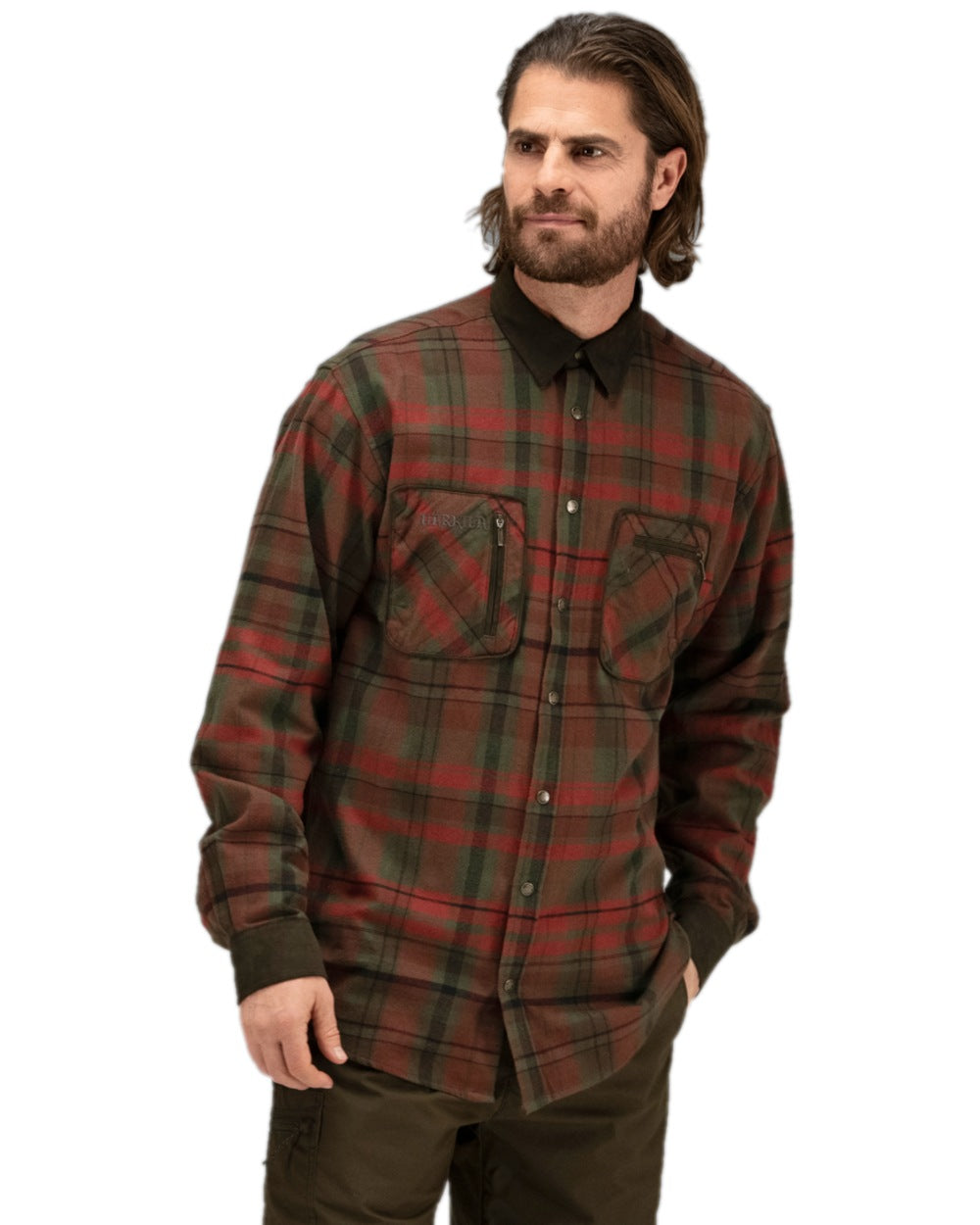 Red Autumn Check Coloured Harkila Pajala Check Shirt on white background 