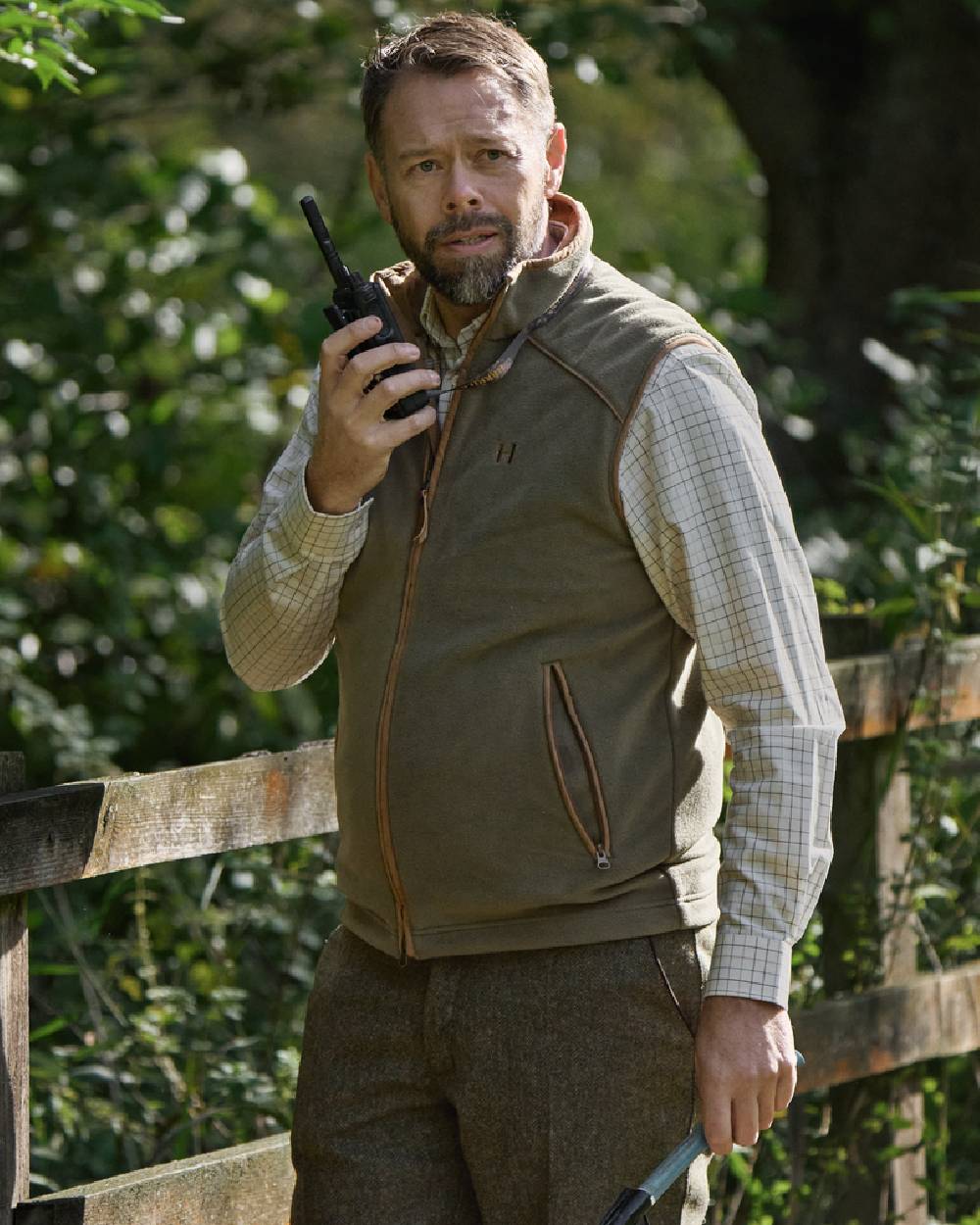 Naval Blue Coloured Harkila Portfield Long Sleeve Shirt on garden background 