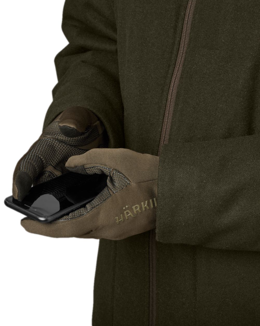 Shadow Brown Coloured Harkila Power Stretch Gloves on white background 