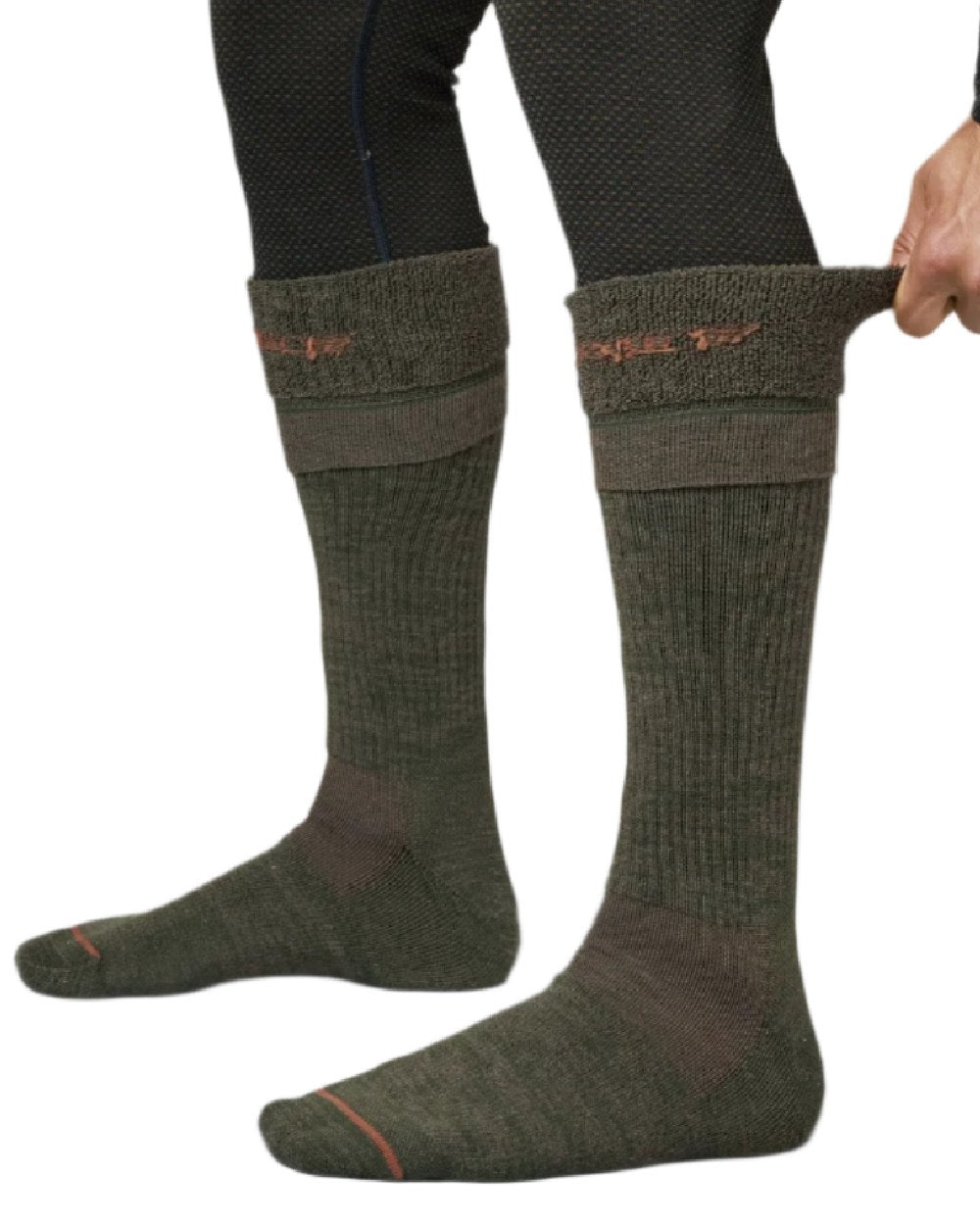 Green Shadow Brown Coloured Harkila Pro Hunter 2.0 Long Socks on white background 