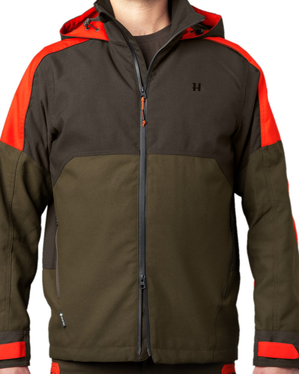 Willow Green Orange Coloured Harkila Pro Hunter Dog Keeper GTX Jacket on white background 