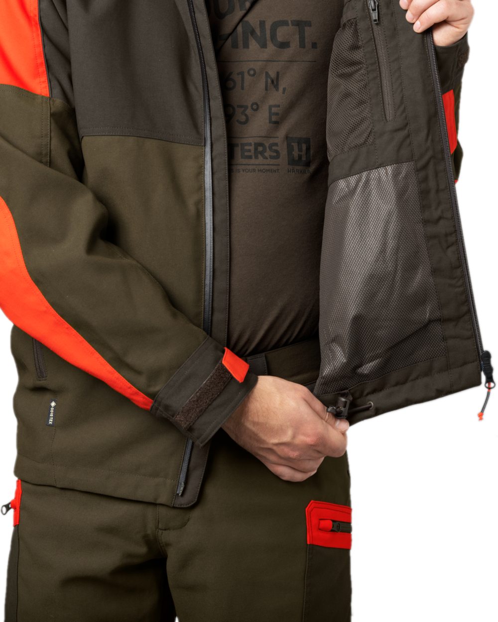 Willow Green Orange Coloured Harkila Pro Hunter Dog Keeper GTX Jacket on white background 