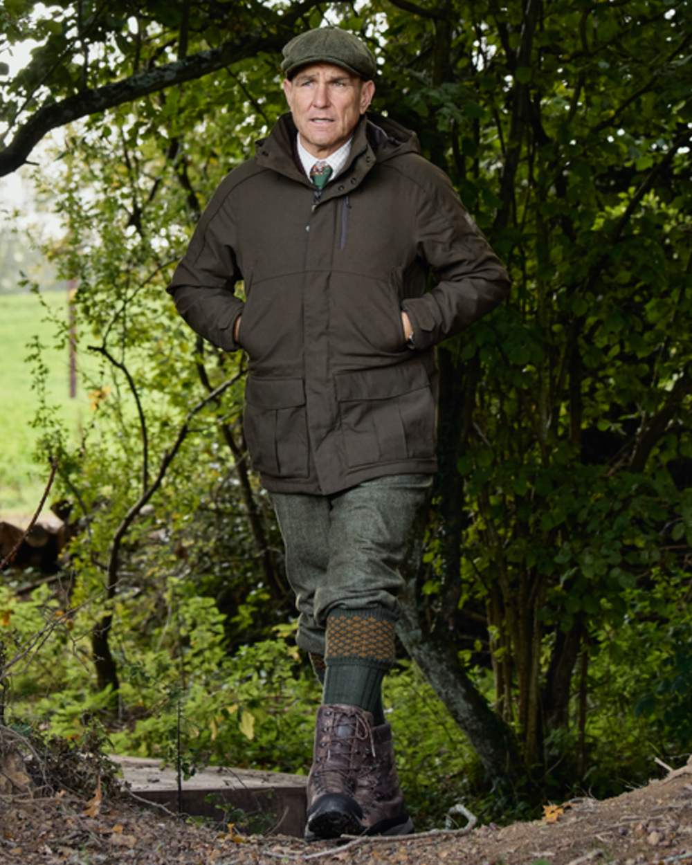 Willow Green Coloured Harkila Pro Hunter GTX Legacy Jacket on outdoor background 