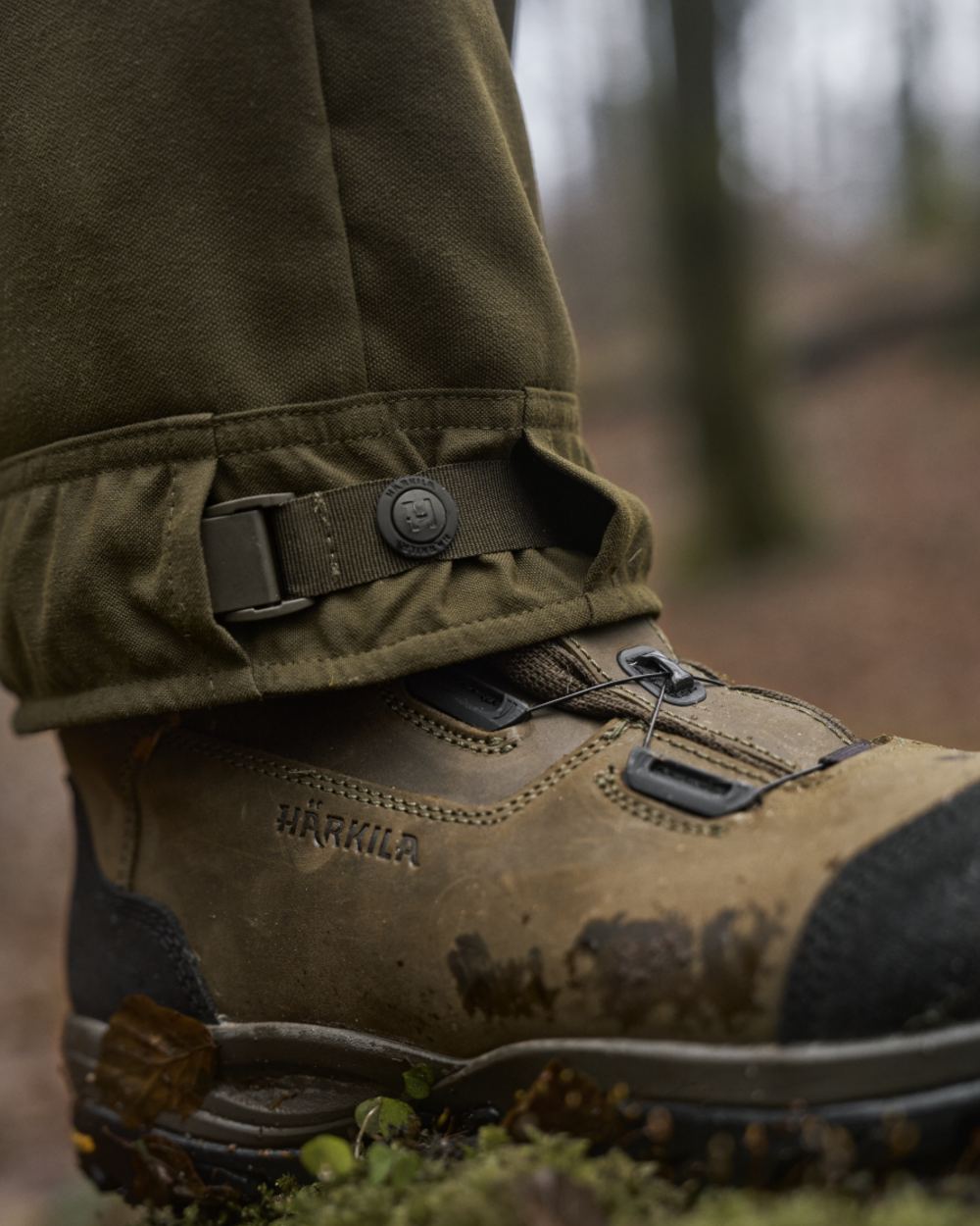 Willow Green Coloured Harkila Pro Hunter GTX Legacy Trousers on outdoor background 
