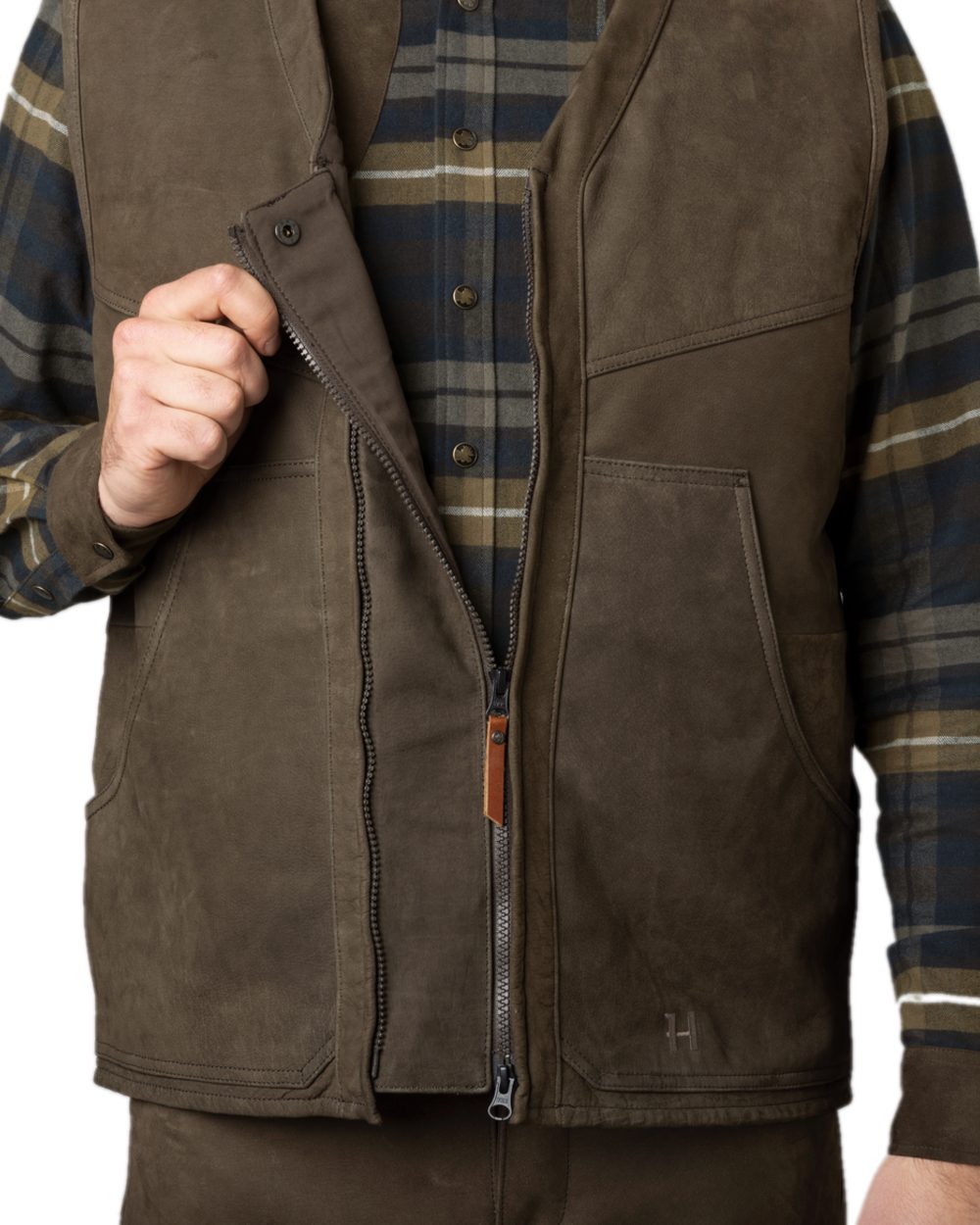 Willow Green Coloured Harkila Pro Hunter Leather Waistcoat on white background 