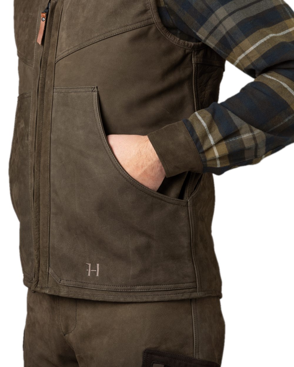 Willow Green Coloured Harkila Pro Hunter Leather Waistcoat on white background 