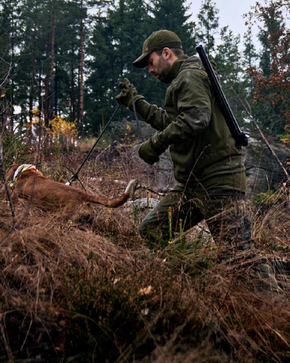 Willow Green Coloured Harkila Pro Hunter Move 2.0 GTX Jacket on outdoor background 