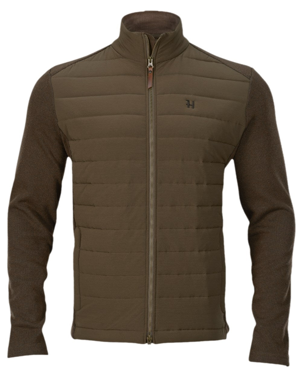 Dark Warm Olive Coloured Harkila Retrieve Insulated Cardigan on white background 