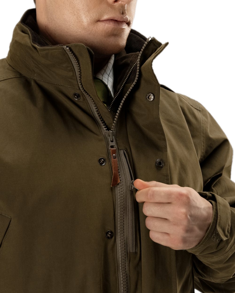 Warm Olive Coloured Harkila Retrieve Jacket on white background 