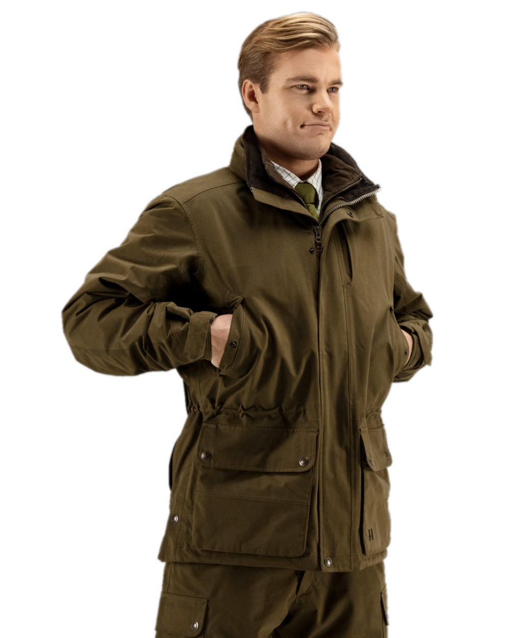Warm Olive Coloured Harkila Retrieve Jacket on white background 