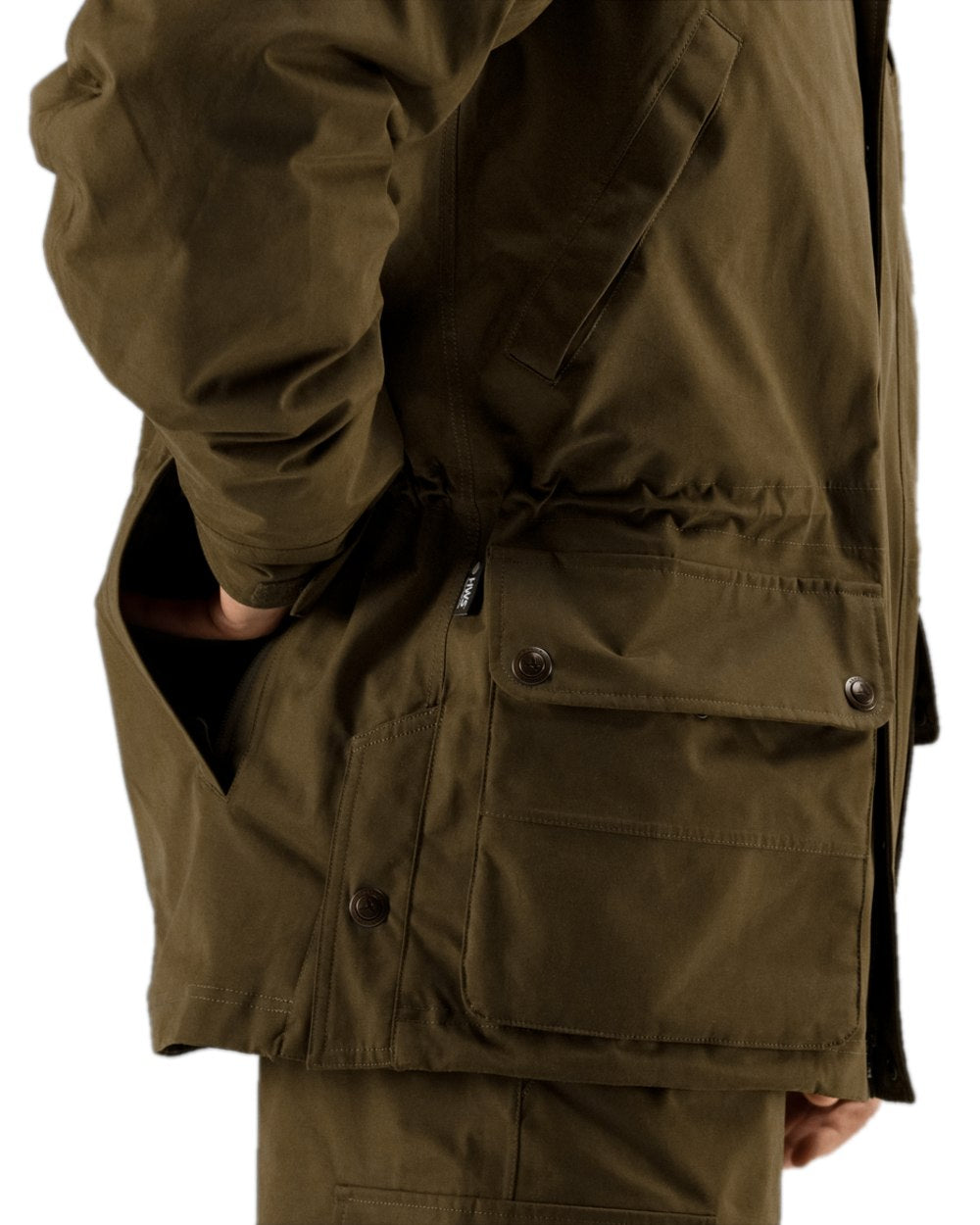 Warm Olive Coloured Harkila Retrieve Jacket on white background 
