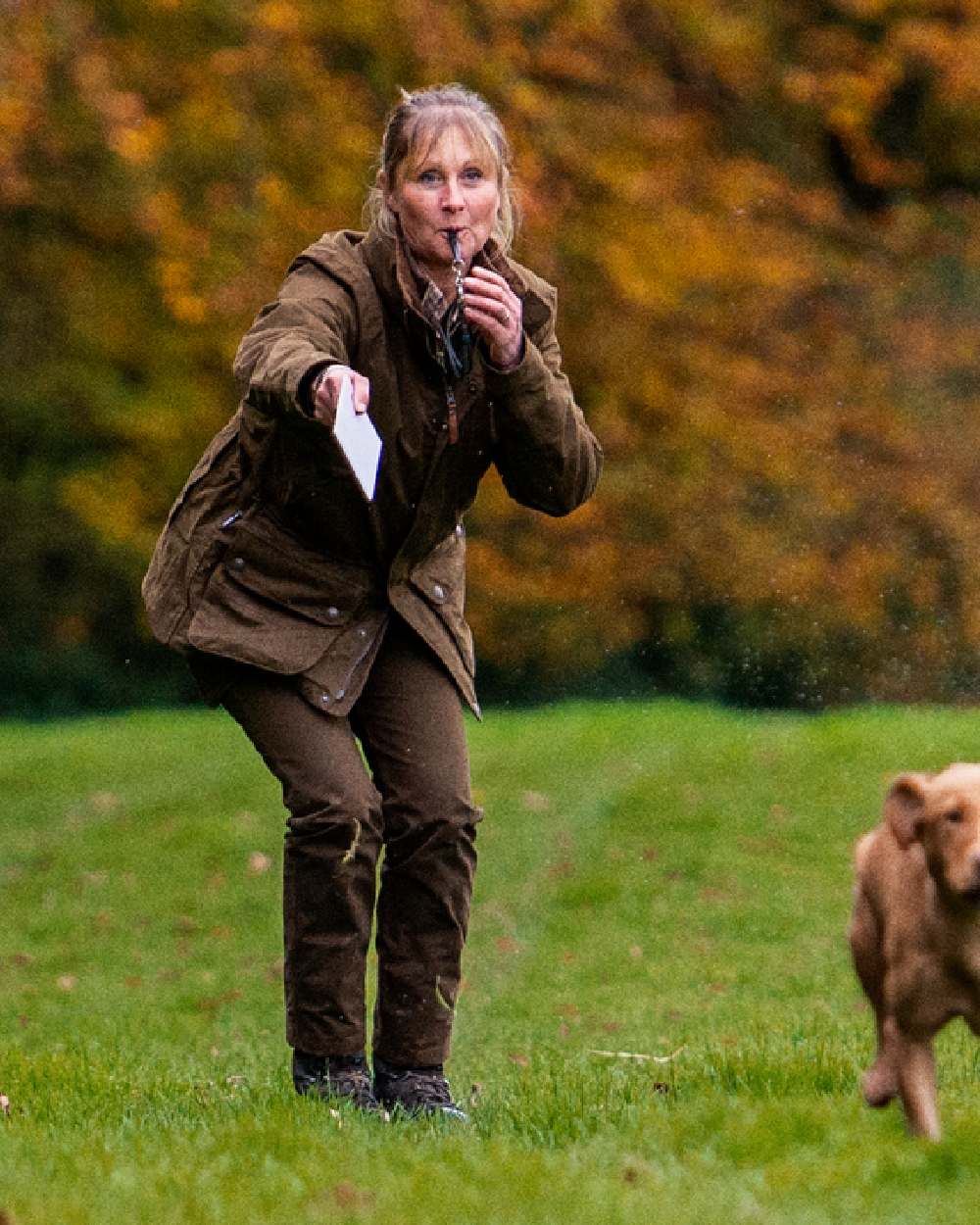 Warm Olive Coloured Harkila Retrieve Lady Jacket on outdoor background 