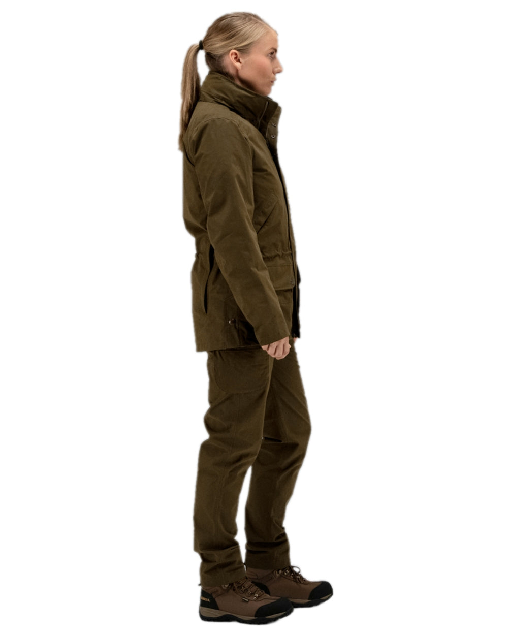 Warm Olive Coloured Harkila Retrieve Lady Jacket on white background 