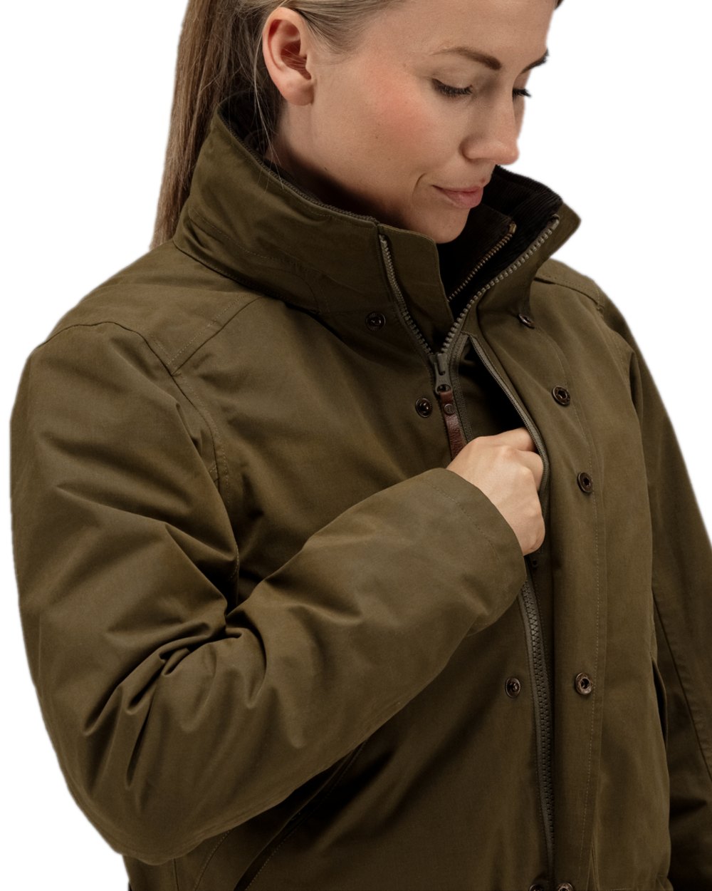 Warm Olive Coloured Harkila Retrieve Lady Jacket on white background 