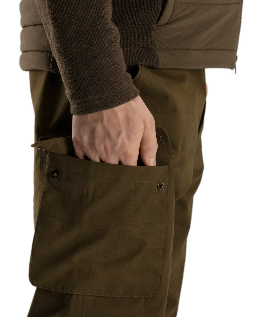 Warm Olive Coloured Harkila Retrieve Trousers on white background 