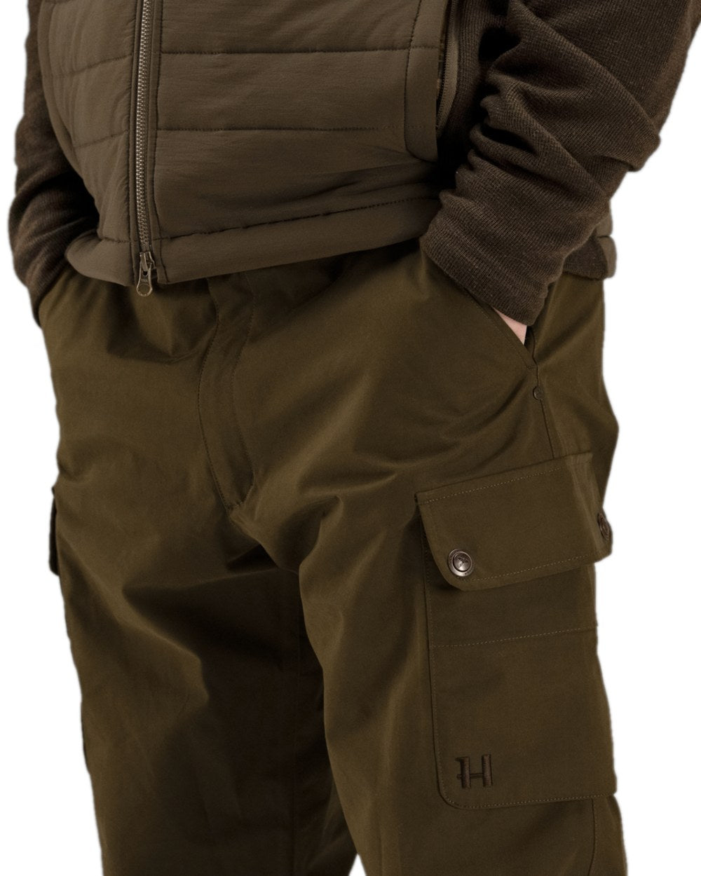 Warm Olive Coloured Harkila Retrieve Trousers on white background 