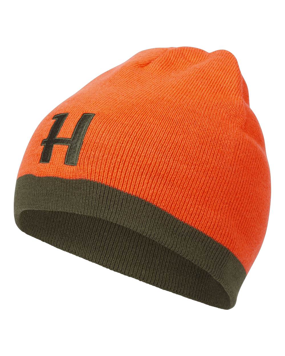 Willow Green Orange Coloured Harkila Reversible Beanie on white background 
