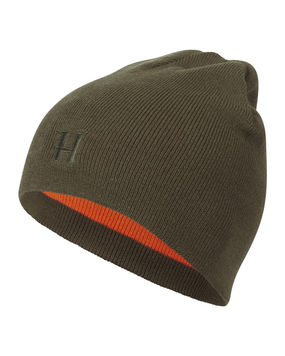 Willow Green Orange Coloured Harkila Reversible Beanie on white background 