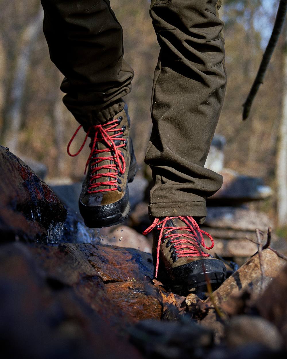 Willow Green coloured Harkila Saxnäs GTX Boots on Hiking Trail background 