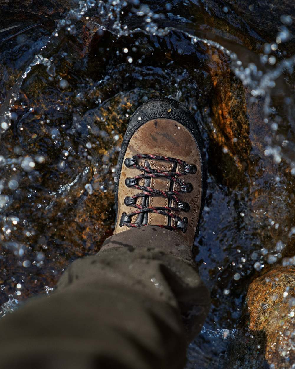 Mid Brown coloured Harkila Saxnäs Womens GTX Boots on water background 