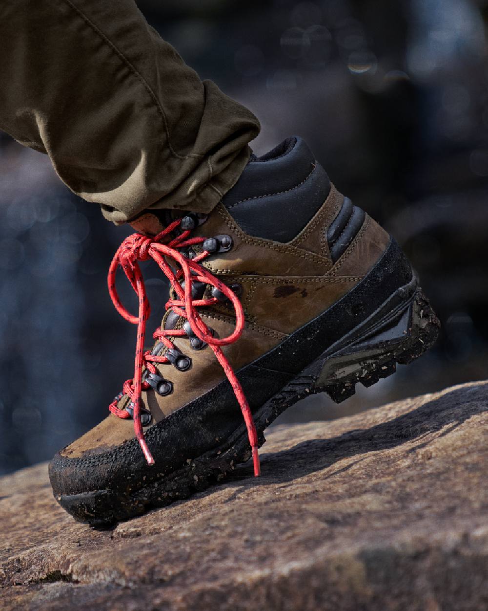 Willow Green Coloured Harkila Saxnas Womens GTX Boots on blurry background 
