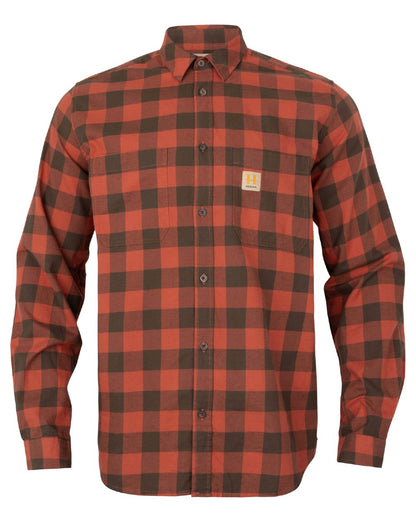 Autumn Orange Check coloured Harkila Scandinavian Long Sleeve Shirt on white background 