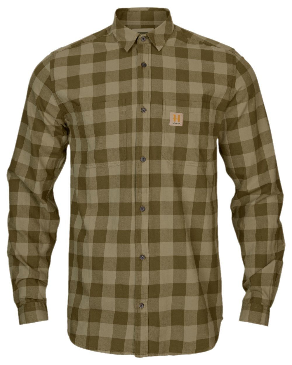 Dark Olive Check Coloured Harkila Scandinavian Long Sleeve Shirt on white background 