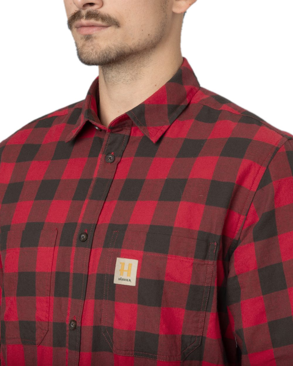 Red Check Coloured Harkila Scandinavian Long Sleeve Shirt on white background 