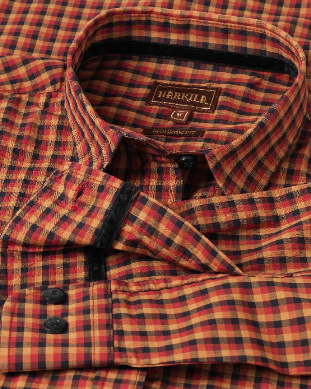 Red Black Check Coloured Harkila Selja Lady Long Sleeved Shirt on white background 