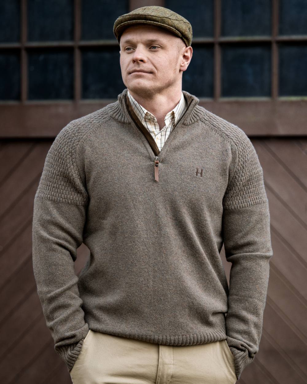 Dark Sand Coloured Harkila Vincent Merino Half Zip Pullover on outdoor background 