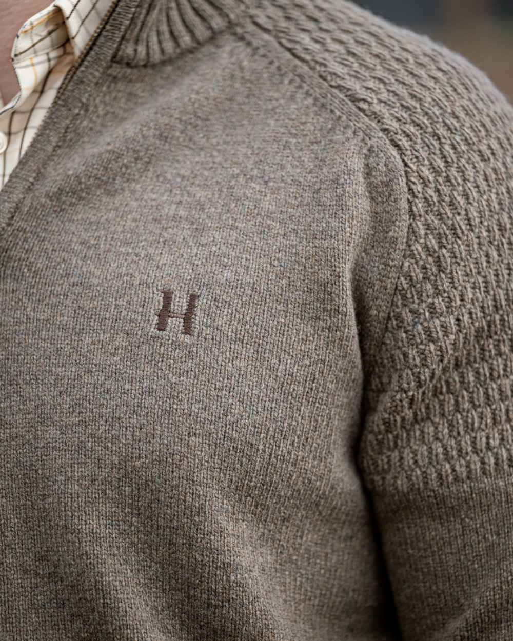 Dark Sand Coloured Harkila Vincent Merino Half Zip Pullover on outdoor background 