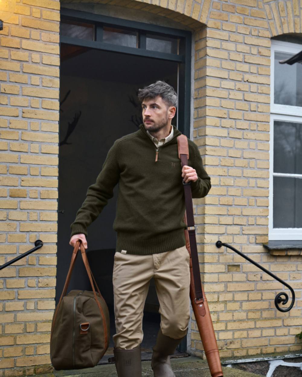 Rosin Coloured Harkila Vincent Merino Half Zip Pullover on outdoor background 