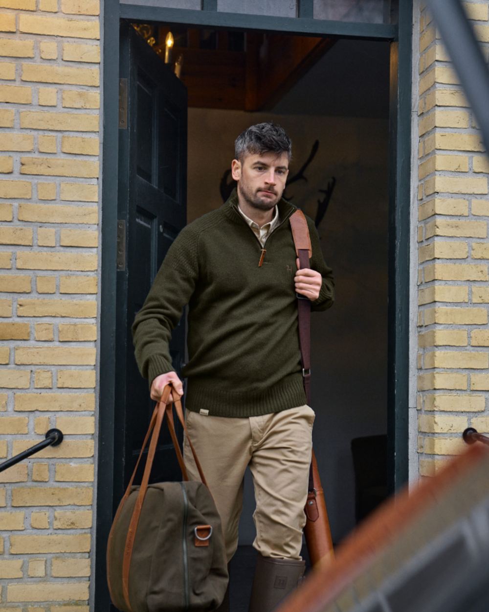 Rosin Coloured Harkila Vincent Merino Half Zip Pullover on outdoor background 