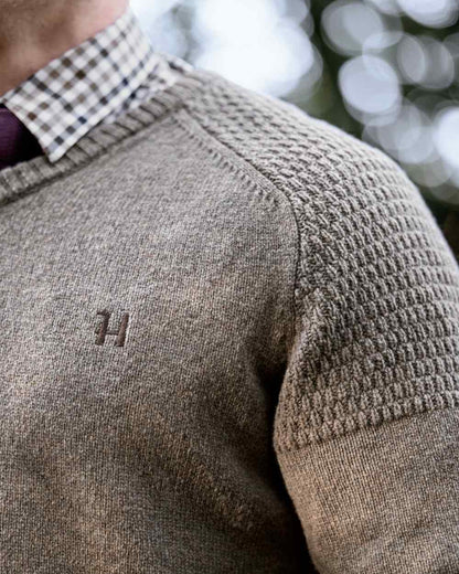 Dark Sand Coloured Harkila Vincent Merino V-Neck Pullover on forest background 