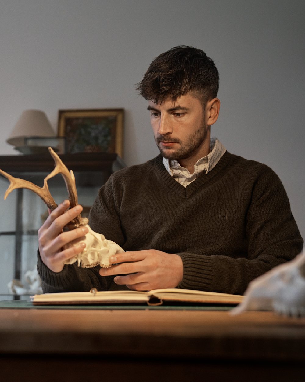 Demitasse Brown Coloured Harkila Vincent Merino V-Neck Pullover on room background 
