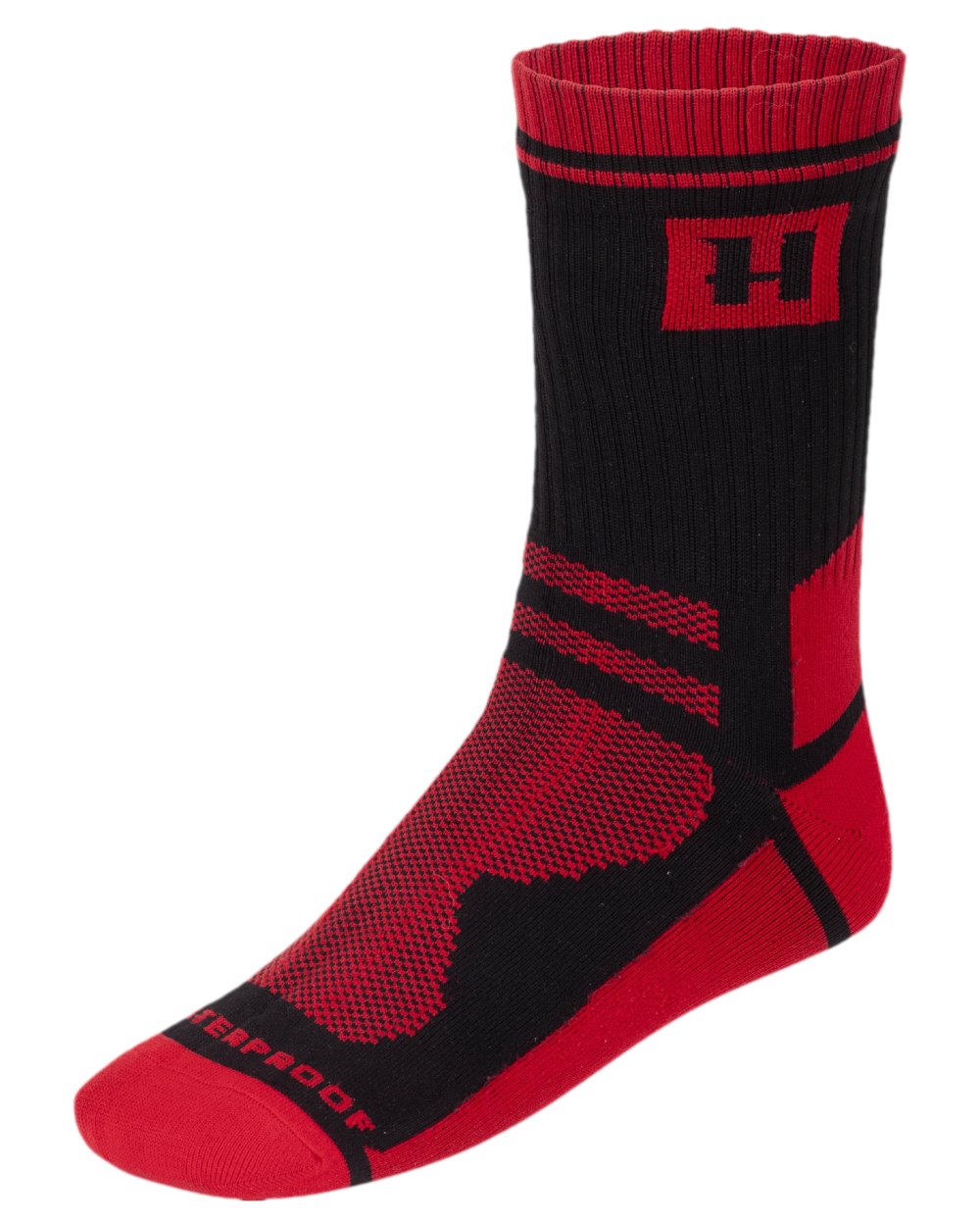 Red Black Coloured Harkila Waterproof Socks on white background 