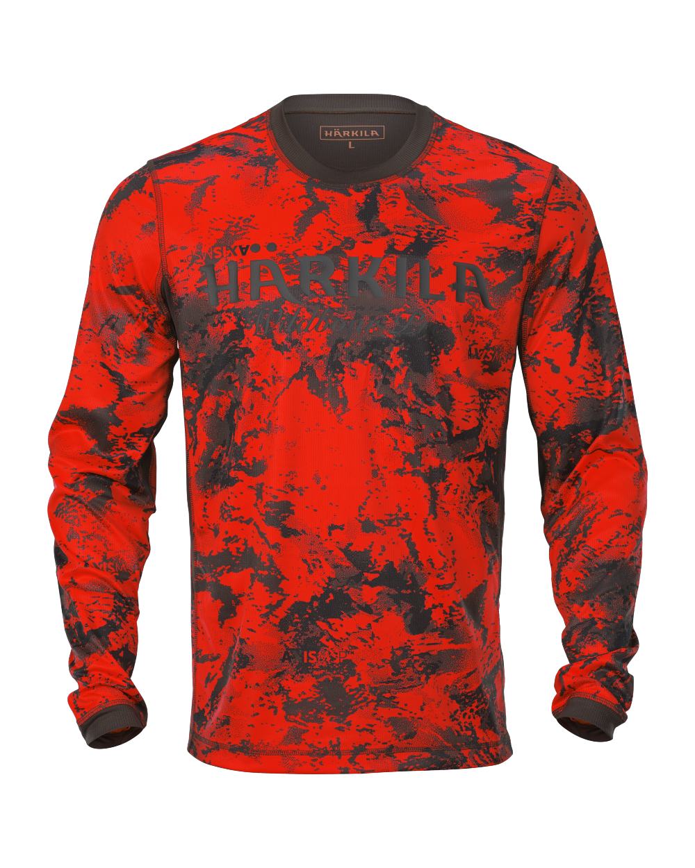 Axis Orange Blaze Shadow Brown coloured Harkila Wildboar Pro Long Sleeve T-shirt on white background 