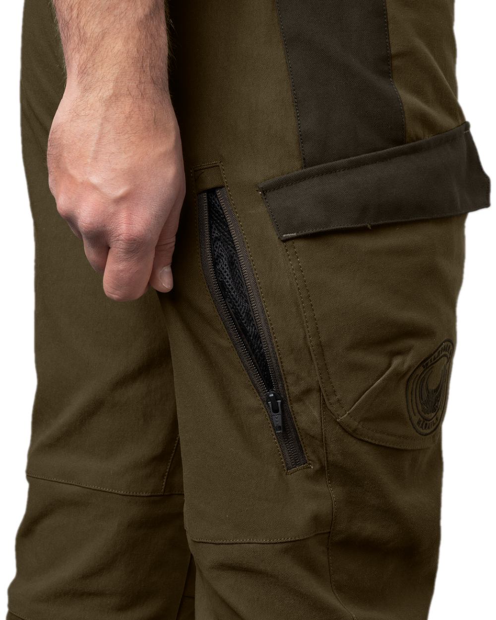Willow Green Coloured Harkila Wildboar Pro Move Trousers on white background 