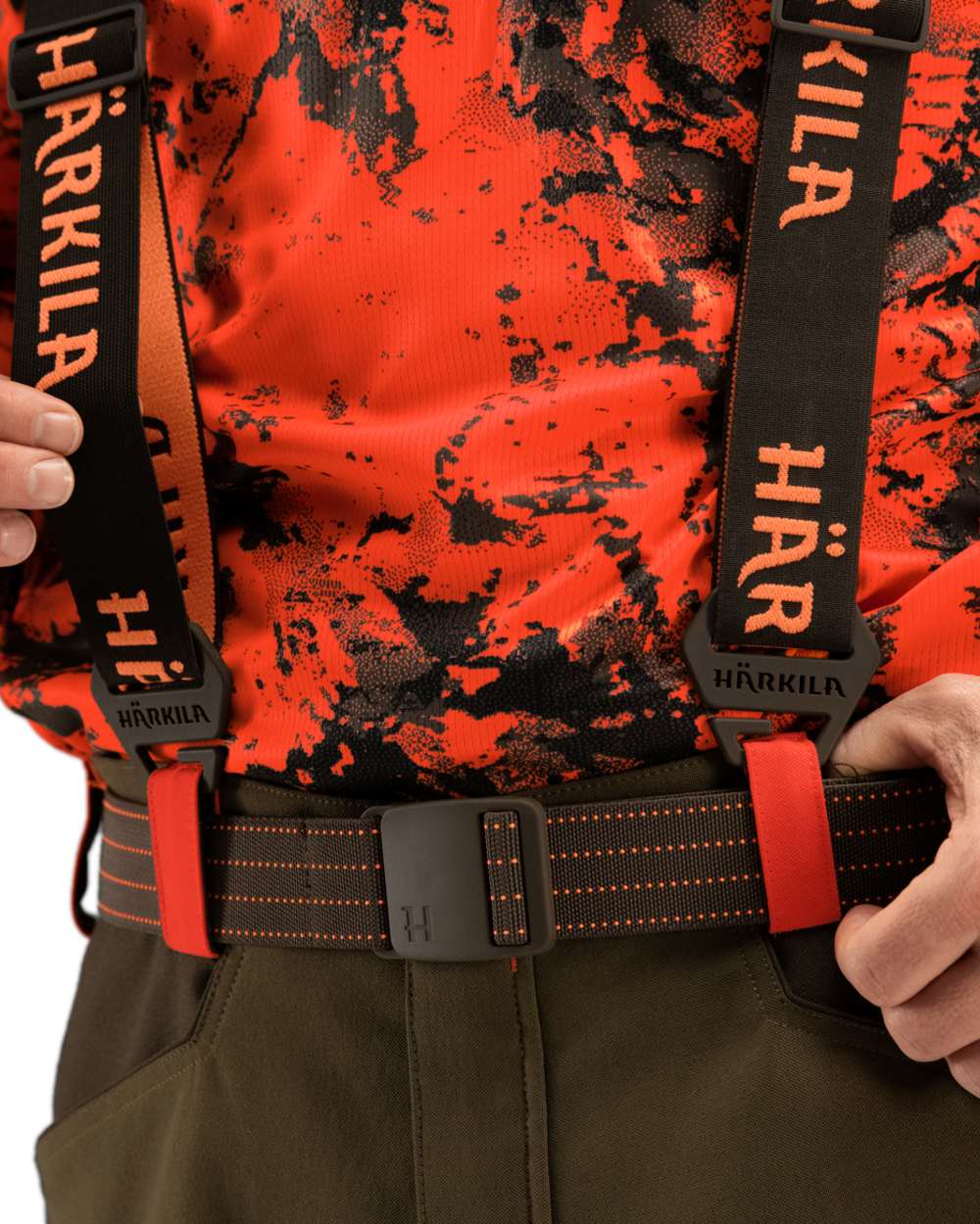 Brown Orange Blaze Coloured Harkila Wildboar Pro Tech Braces on white background 