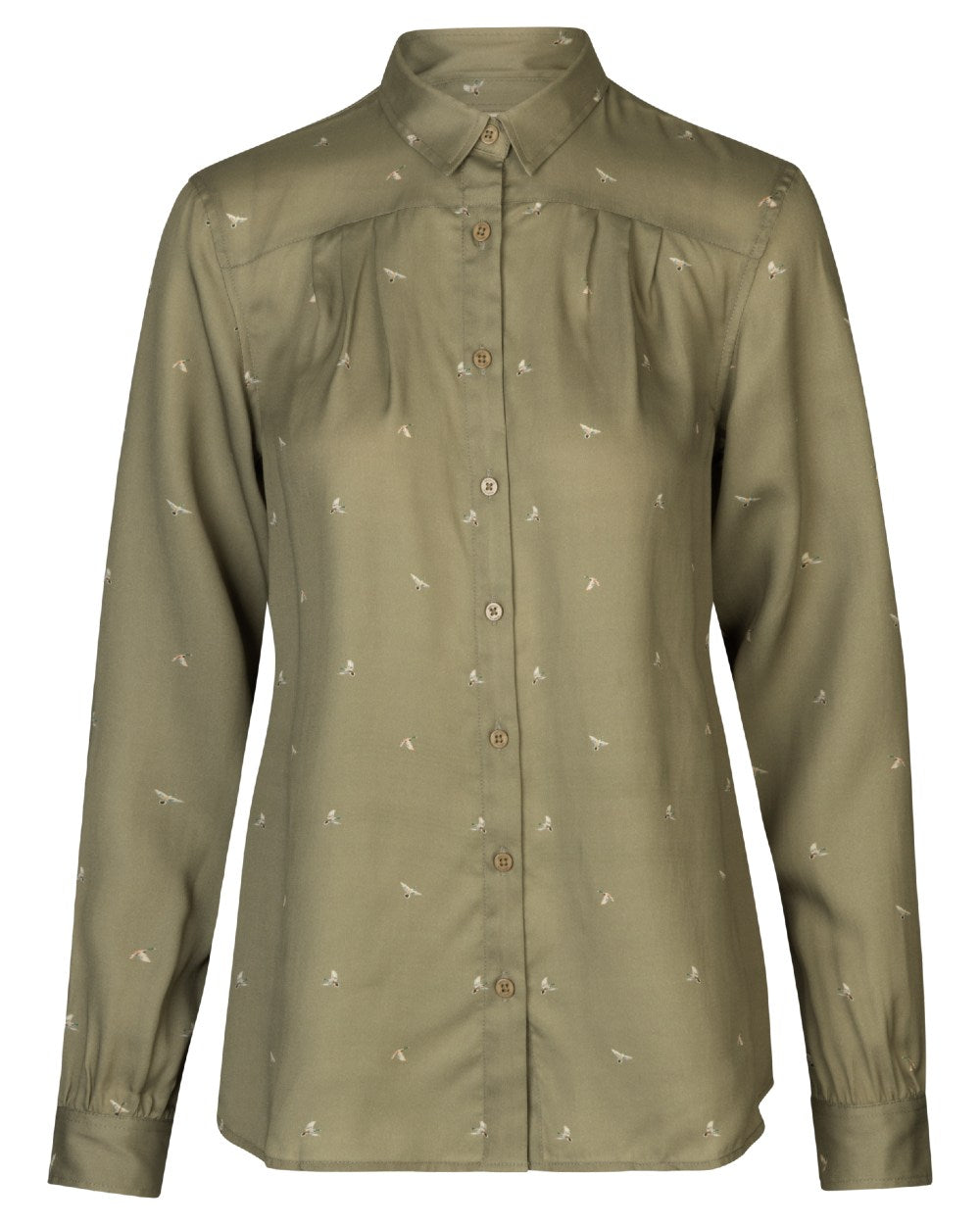 Dust Green Flying Ducks coloured Harkila Womens Abigail Long Sleeve Shirt on white background 