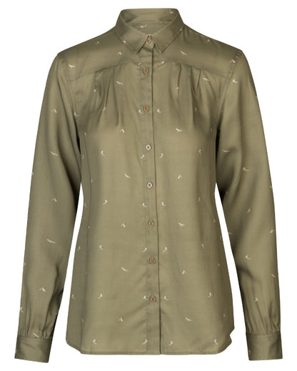 Dust Green Flying Ducks coloured Harkila Womens Abigail Long Sleeve Shirt on white background 