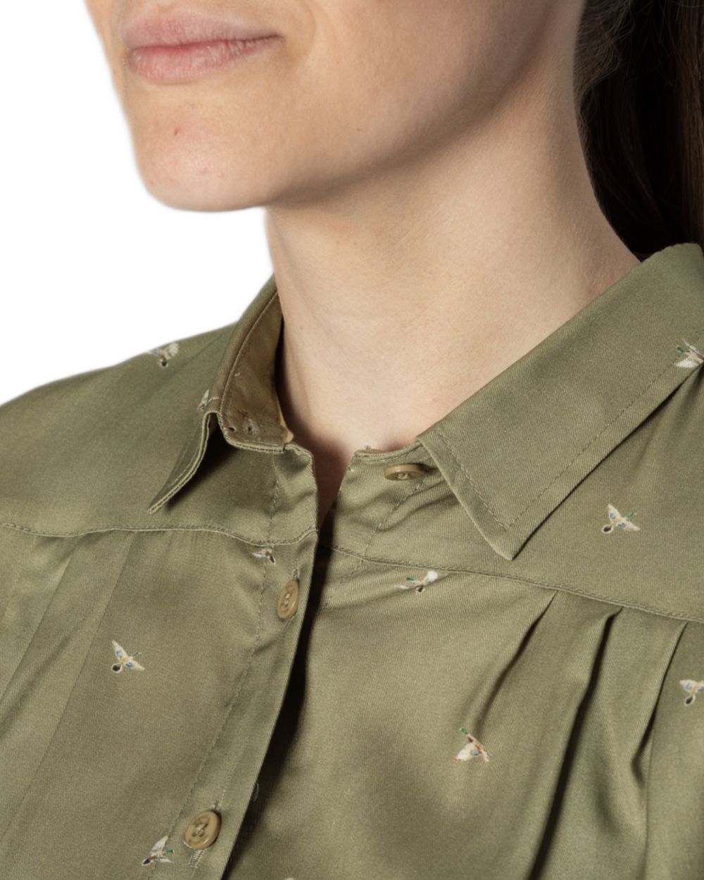 Dust Green Flying Ducks coloured Harkila Womens Abigail Long Sleeve Shirt on white background 