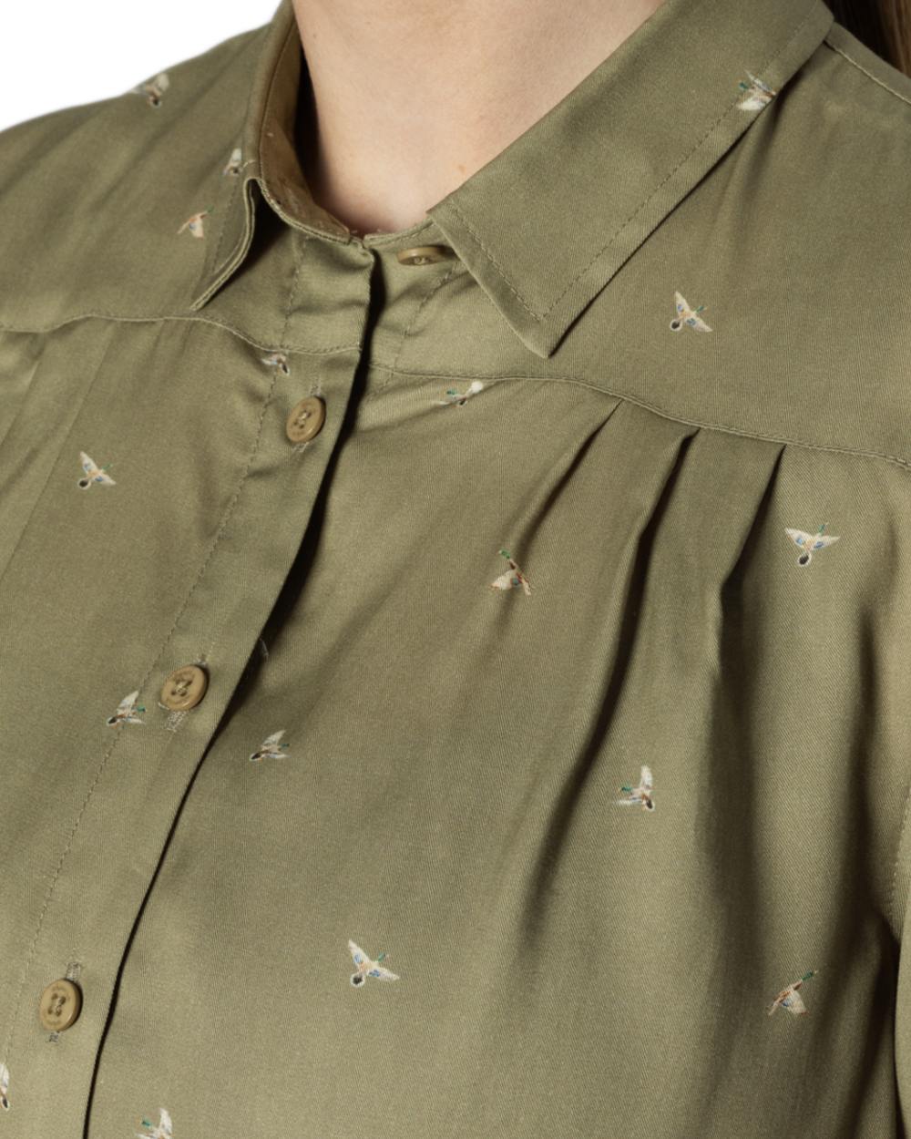 Dust Green Flying Ducks coloured Harkila Womens Abigail Long Sleeve Shirt on white background 