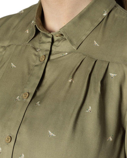 Dust Green Flying Ducks coloured Harkila Womens Abigail Long Sleeve Shirt on white background 