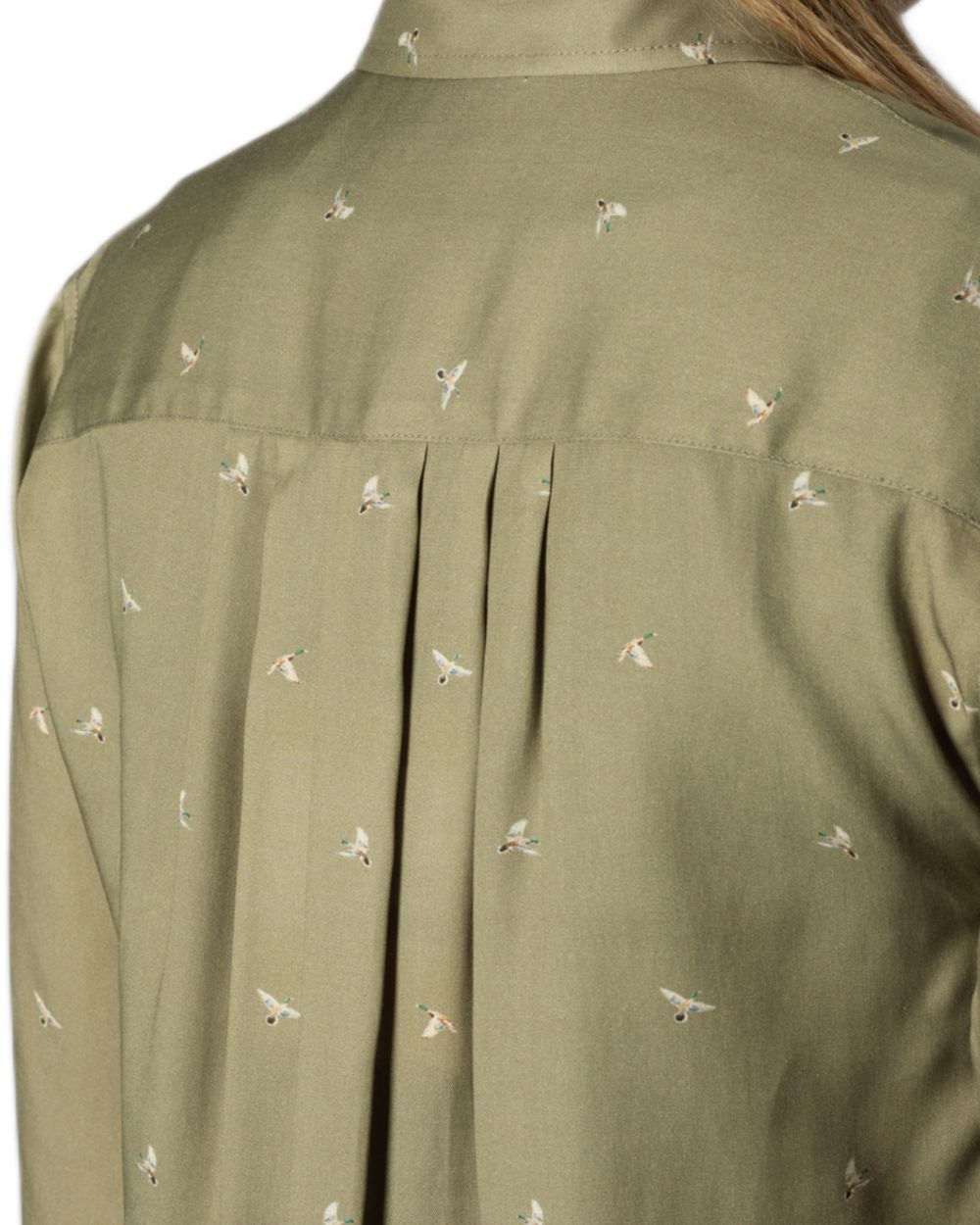 Dust Green Flying Ducks coloured Harkila Womens Abigail Long Sleeve Shirt on white background 